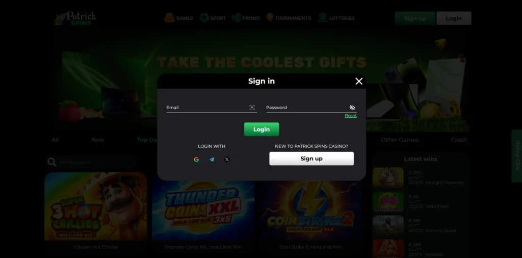 Login in Patrick Spins casino.