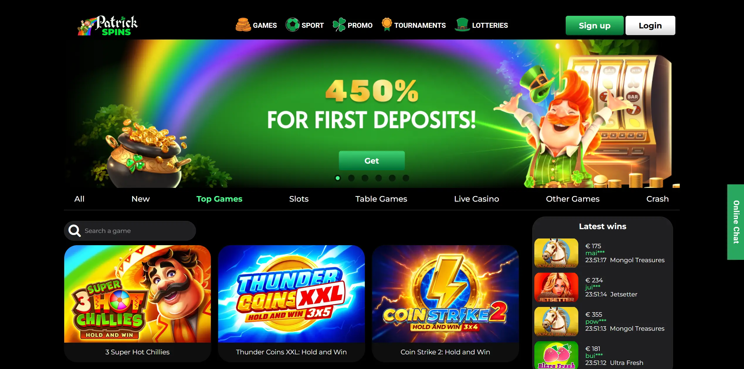 Patrick Spins first deposit bonus.