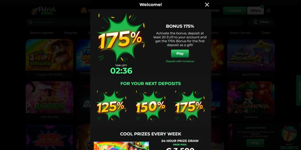 Welcome bonus on Patrick Spins.
